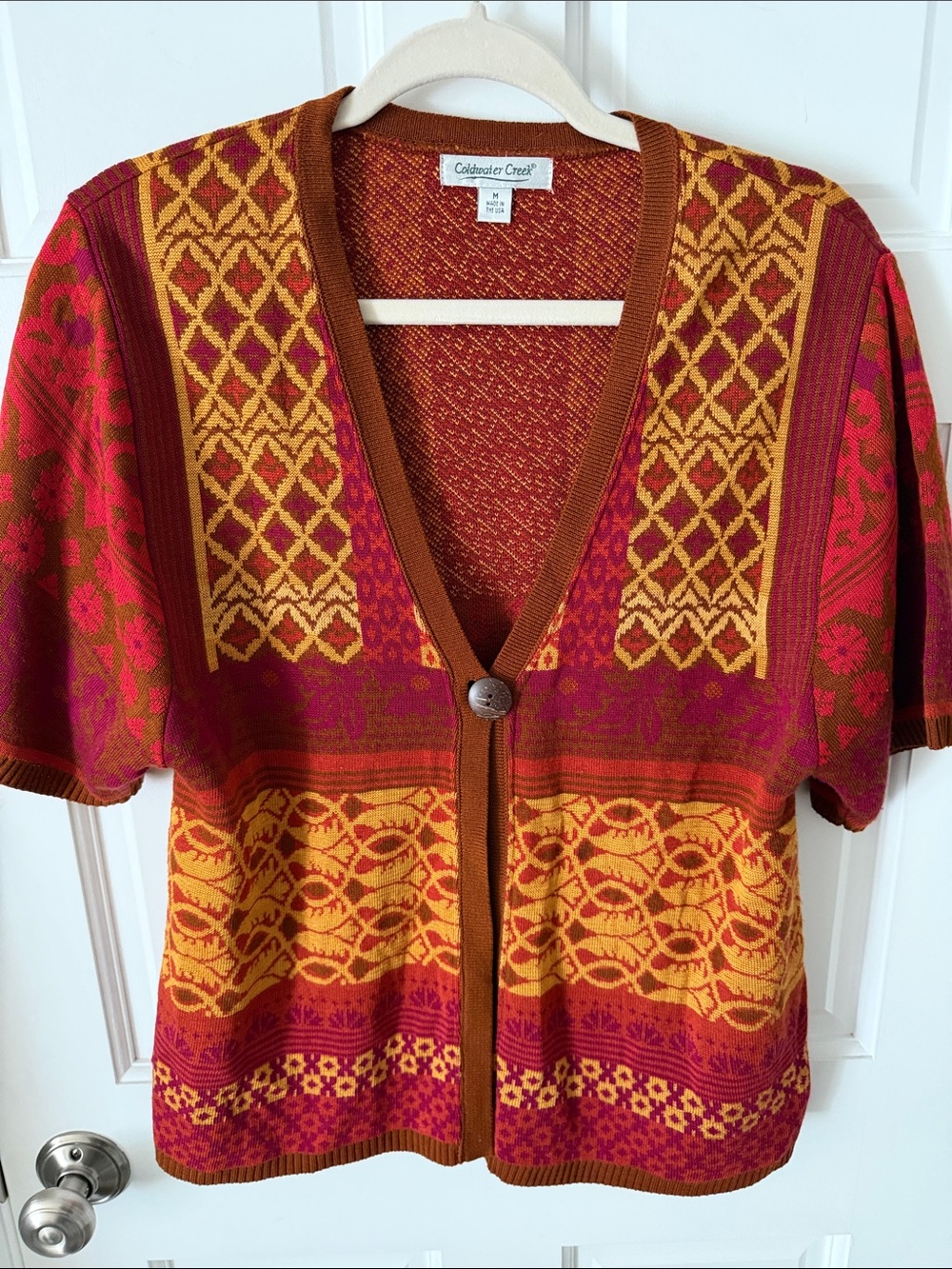 Coldwater Creek Boho Patchwork V-Neck Short Sleeve Knit Cardigan Fall Earthy M